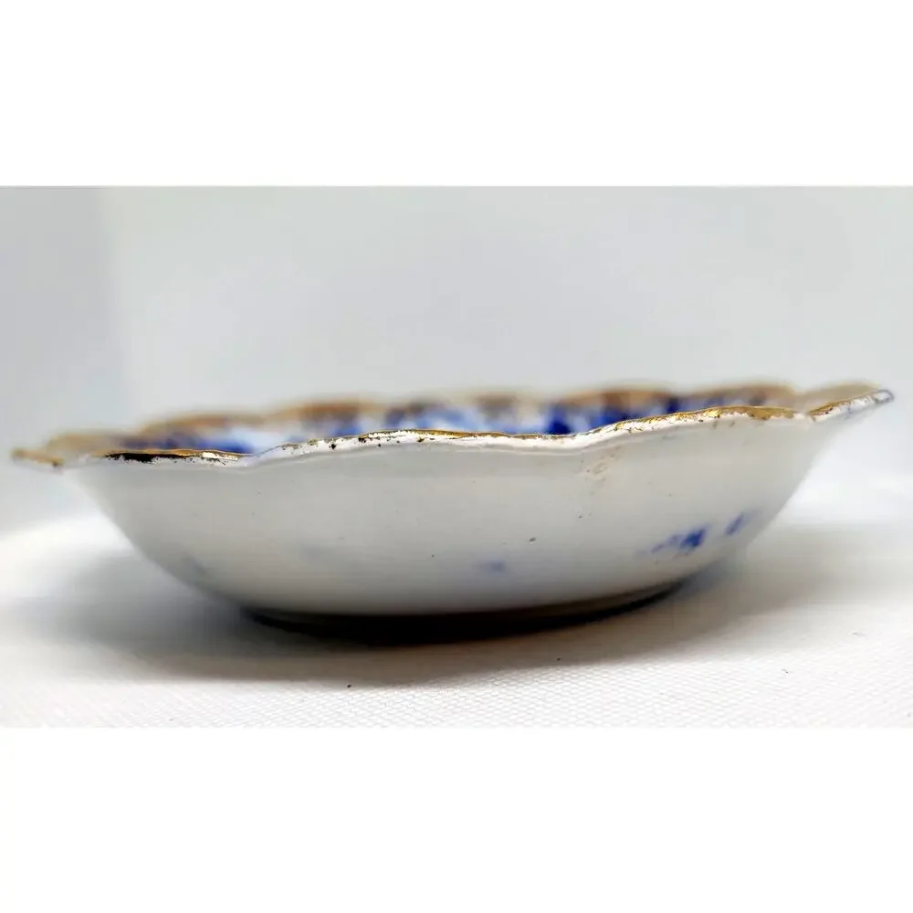Antique Warwick Flow Blue Pansy Pattern 4 Dessert Bowls Gold Gilt Scalloped Edge